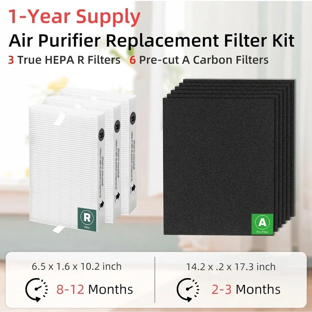 3 True HEPA R Filters & 6 Pre-cut A‎ Carbon Pre Filters for HPA300 Air Purifier